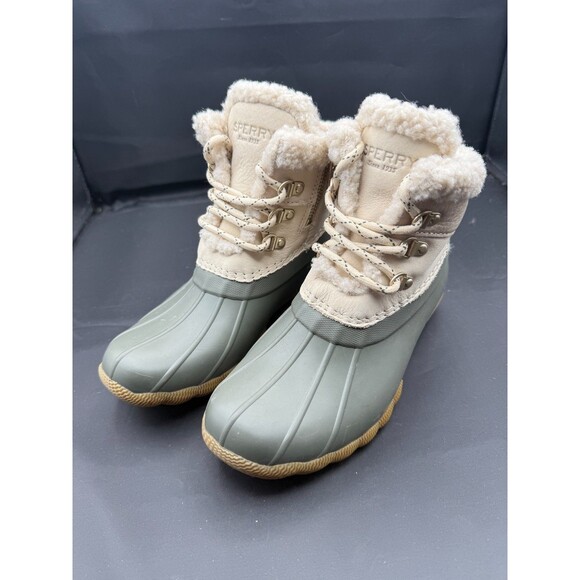 Sperry Saltwater Alpine Leather Duck Boots Womens Size 5 Green White Lace Up - Picture 1 of 8